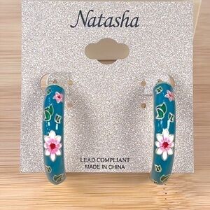 Brand New Natasha Jade Floral Hoop Earrings Gold Tone Hand Painted Flowers